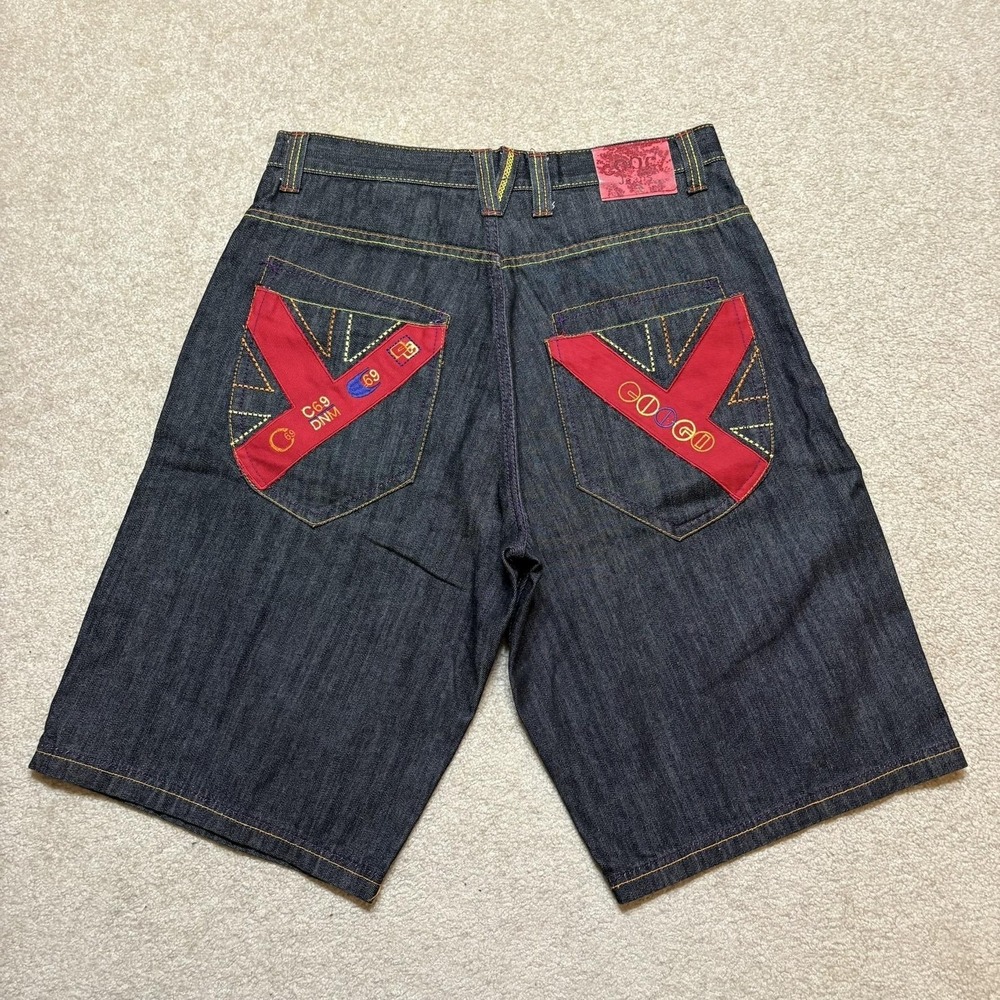 Coogi Denim Shorts Mens 34 Black Dark Wash Colorful Embroidered Hip Hop Bermuda